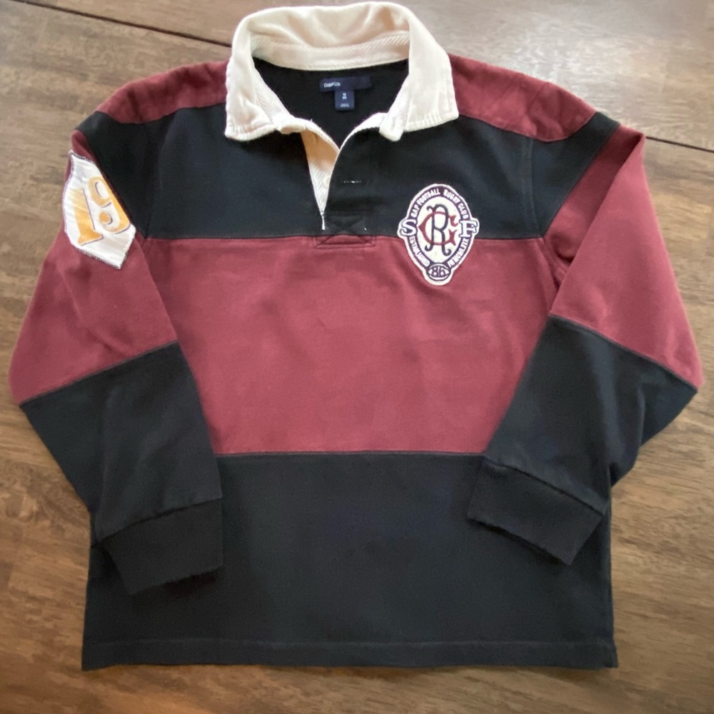 GAP Kids Rugby Jersey # 19 Patch Gap Insignia Burgundy Black 100% Cotton Size 8